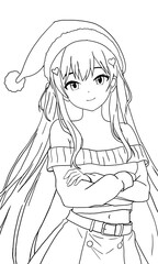 Sketch of a girl in anime style, wearing a Santa Claus hat for Christmas. Line art.