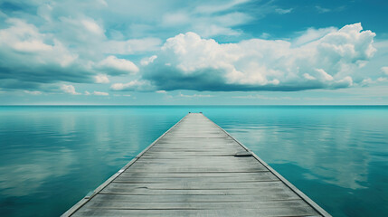 Fototapeta premium Wooden pier extending into the ocean, with a sunset on the horizon. Generative Ai