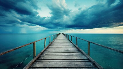 Obraz premium Wooden pier extending into the ocean, with a sunset on the horizon. Generative Ai