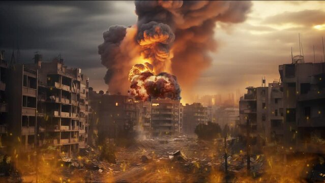 Military destroyed city. Huge firestorm, explosions and smoke. War concept save the children  