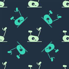 Green and beige Stationary bicycle icon isolated seamless pattern on blue background. Exercise bike. Vector