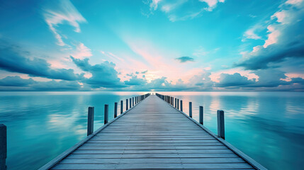 Fototapeta na wymiar Wooden pier extending into the ocean, with a sunset on the horizon. Generative Ai