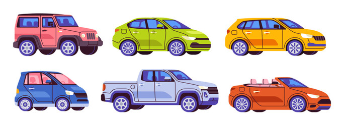 Passenger cars set. Collection of automobiles and vehicles for driving in city. Hatchback, convertible, sedan, SUV, crossover, pickup. Cartoon flat vector illustrations isolated on white background