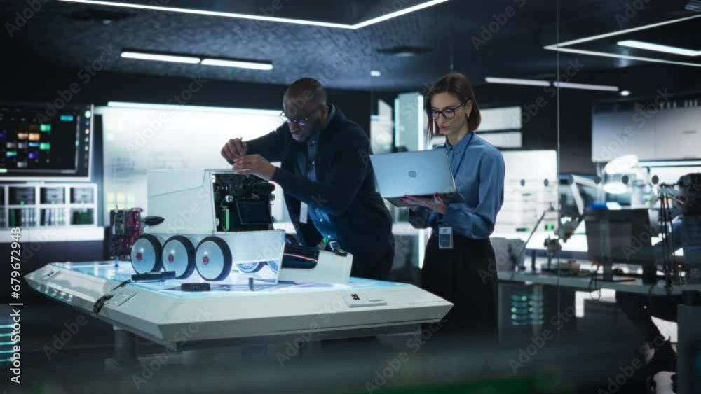 Poster Portrait of a Team of Two Engineers Collaborating on Developing a Remotely Controlled Robot for Deliveries in a Manufacturing Facility. Colleagues Working as a Team to Create New Prototype Model