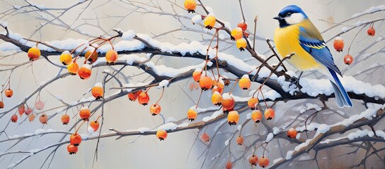 A Tranquil Melody: Blue Bird Perched on Berry-Adorned Branch Painting Created With Generative AI...