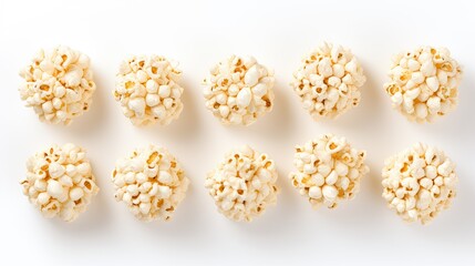 Popcorn Balls Row on White Background, Sweet Snack, Party Food, Fair Food
