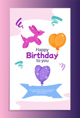 Happy Birthday greeting card. Cute colorful poster with balloons and decorative confetti to congratulate child. Design element for postcard. Cartoon flat vector illustration isolated on background