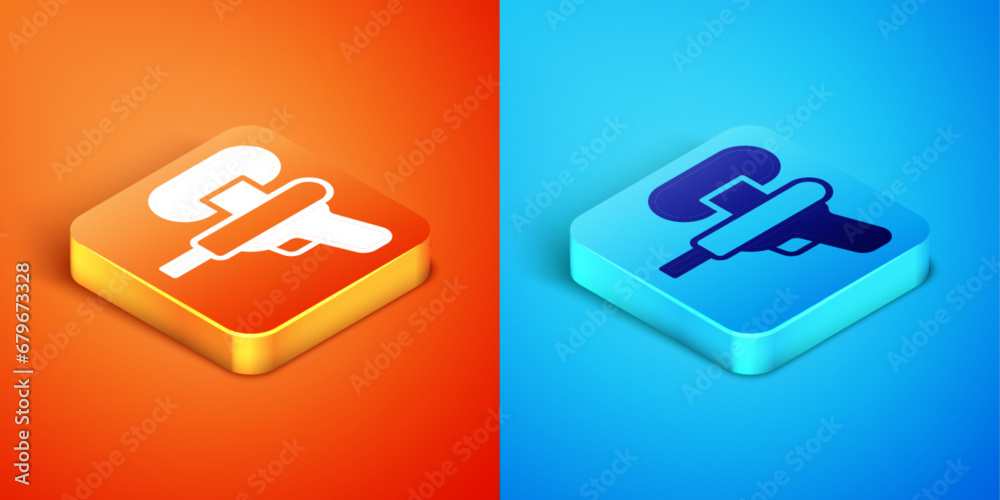 Poster Isometric Water gun icon isolated on orange and blue background. Vector