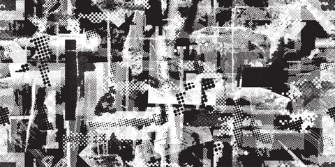 Obraz premium Glitch distorted grungy abstract forms . Halftone dots seamless pattern texture. Grange shapes .Grunge textured . Vector shapes with half tone dots .Screen print endless pattern texture
