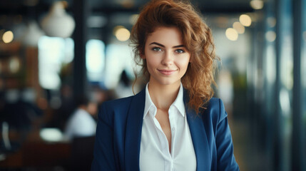 Obraz premium Young business woman in office. portrait of a young woman in a office.