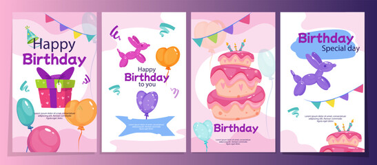 Set of Happy Birthday greeting cards. Postcards with birthday cake, balloons, gift, confetti and garlands. Design for childrens party invitation. Cartoon flat vector collection isolated on background