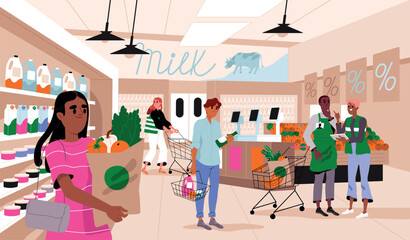 People buy groceries in supermarket. Man and woman customers walk around store with cart and choose product. Character making purchases. Everyday routine and shopping. Cartoon flat vector illustration