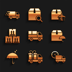 Set Delivery truck with boxes, gift, and clock, package umbrella, Umbrella rain drops, Cardboard traffic, Plane cardboard and movement icon. Vector