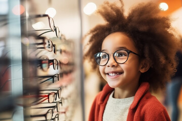 Little happy girl choosing glasses for vision eye at optical store - obrazy, fototapety, plakaty