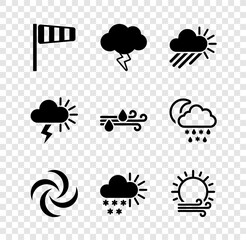 Set Cone windsock wind vane, Storm, Cloudy with rain and sun, Tornado, snow, Wind, and icon. Vector