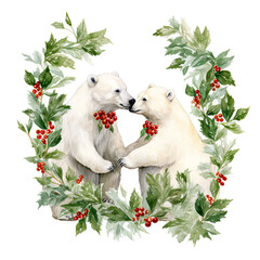 Watercolour two bears in love, Christmas Day  concept 