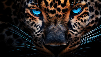close up portrait of leopard, A close up of a leopard with blue eyes and a black background