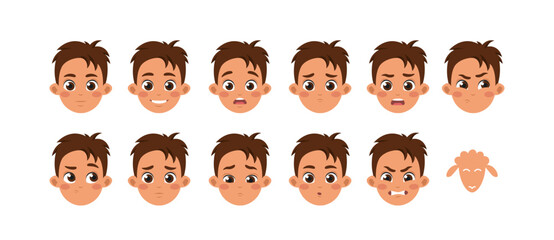 Set of Character Constructor for Animation. Avatars of little boy expressing different emotions. Face of sad, joyful and angry child. Cartoon flat vector illustrations isolated on white background