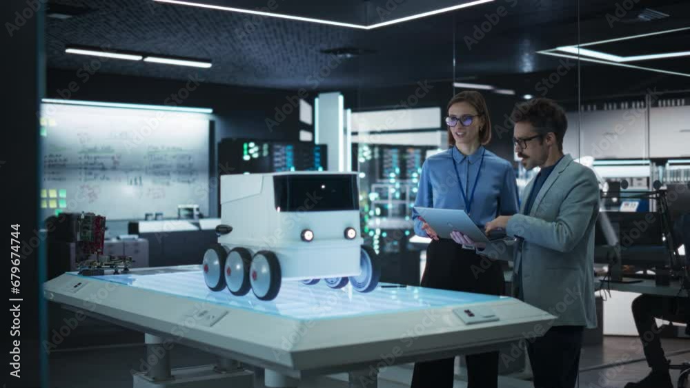 Poster portrait of two colleagues working in a research facility, using laptop computer to develop a futuri