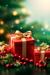 Christmas or new year  presents red and green background with golden bells and holly berries for poster, cover, invitation, postcard, background, advertisement