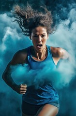 Obraz premium Portrait of athletic woman working out and running on track, running outdoors and doing fitness exercises. healthy concept
