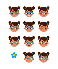 Set of Character Constructor for Animation. Face of cute little preschooler girl wearing glasses. Child avatar with different emotions. Cartoon flat vector illustrations isolated on white background