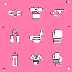 Set Boxing belt, T-shirt with fight club MMA, Whistle, Sport expander, Ice hockey stick puck, glove, Fitness shaker and Japanese costume Kimono icon. Vector
