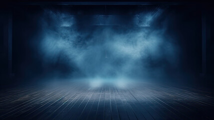 dark blue room background with smoke and floor, Dark empty scene, blue neon searchlight light, smoke, night view, rays.