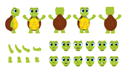 Set of Character Constructor for Animation. Body of cute turtle in different poses and movements. Legs, arms and facial expressions. Cartoon flat vector illustrations isolated on white background