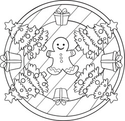 Hand-drawn. Snowman cartoon and tree mandala. Doodles art for Merry Christmas or Happy New Year card. Coloring page for adults and kids.
