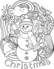 Hand-drawn doodle art. Snowman and Christmas elements. Merry Christmas or Happy New Year card. Coloring page for adults and kids.