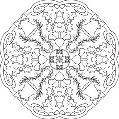 Hand-drawn Christmas Tree and bells mandala. Doodle art Merry Christmas or Happy New Year card. Coloring page for adults and kids.