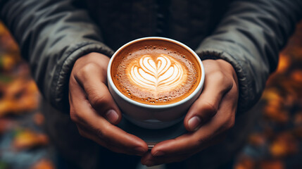 Close up hands in a cozy warm outfit holding hot cup of coffee with latte art