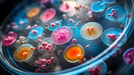 Bacteria colonies in petri dish close-up