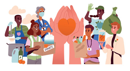 NGO and volunteers. Group of men and women making charitable donations, providing humanitarian aid to people in need and caring for nature. Nonprofit organization. Cartoon flat vector illustration - obrazy, fototapety, plakaty