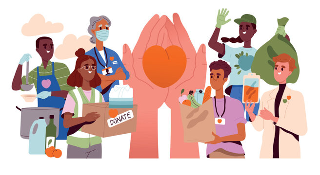 NGO and volunteers. Group of men and women making charitable donations, providing humanitarian aid to people in need and caring for nature. Nonprofit organization. Cartoon flat vector illustration