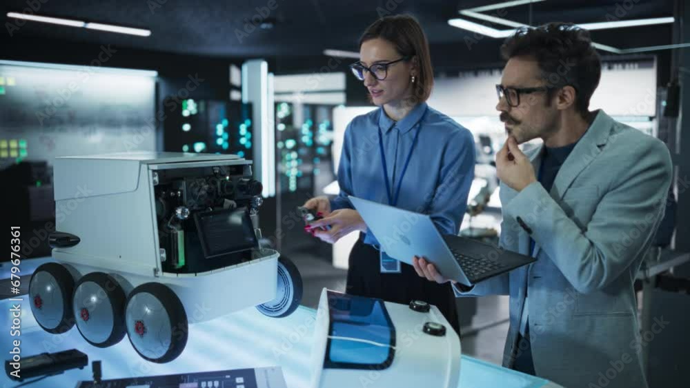 Poster portrait of male and female engineers developing a remotely controlled robot in an industrial resear
