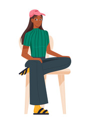 Young sitting person. Cute teenage girl in casual clothes sits on cozy chair and relaxes. African American woman takes seat on stool. Cartoon flat vector illustration isolated on white background