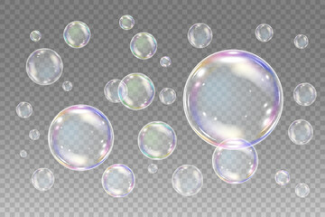 Realistic soap bubbles with rainbow reflection. Big set isolated vector illustration on a transparent background - obrazy, fototapety, plakaty
