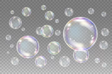 Fotobehang Realistic soap bubbles with rainbow reflection. Big set isolated vector illustration on a transparent background © poppystyle