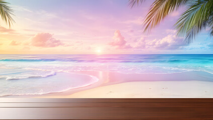 wooden table on the beach with sunset in the background