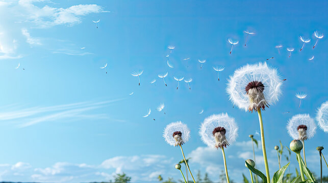 Dandelion with seeds blowing away in the wind across a clear blue sky, with copy space