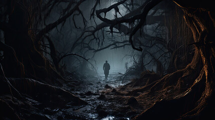 Creepy dark forest at night with man walking over trees, misty forest wit fog, halloween dark forest - obrazy, fototapety, plakaty