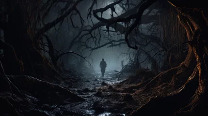 Foto op Plexiglas Creepy dark forest at night with man walking over trees, misty forest wit fog, halloween dark forest © Planetz