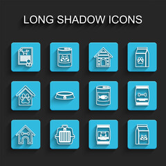 Set line Dog house and bone, Pet carry case, Certificate for dog or cat, Bag of food, bowl, pet and Canned icon. Vector