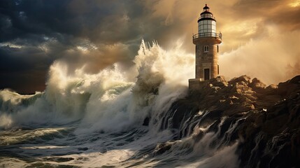  a lighthouse sitting on top of a rocky cliff surrounded by a large wave in front of a dark cloudy sky. - obrazy, fototapety, plakaty