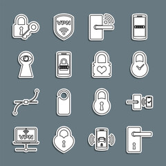 Set line Door handle, Digital door lock with wireless, Padlock clock, Mobile password, Keyhole eye, Lock key and heart icon. Vector