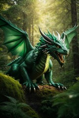 Fantastic beautiful green dragon with spread wings and open mouth in a dense forest
