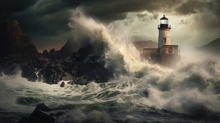  a lighthouse sitting on top of a rocky cliff in the middle of a body of water under a cloudy sky.