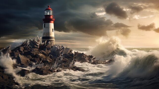  a lighthouse sitting on top of a rock in the middle of a body of water with waves crashing around it.